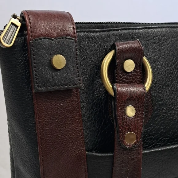 BESSEL Black & Brown Genuine Leather Shoulder Bag – Multi-Pocket, Brass Hardware - Picture 2 of 11